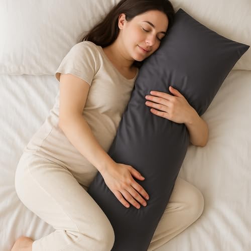 Image of 100% Cotton 600 TC Body Pillow Cover - Ultra Soft & Breathable Long Pillowcase | Zipper Closure | 20 inchx54 inch | Grey | Ideal for Pregnancy, Side Sleepers & Full Body Support