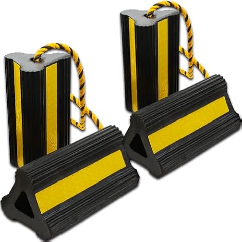 Wheel Chocks for Travel Trailers Camper RV Truck Car, Solid Rubber Sturdiness Heavy Duty Simple Easy to Use, Tires Chock Block Stopper with Nylon Rope Yellow Reflective Tape [2pair/4pack] Cover