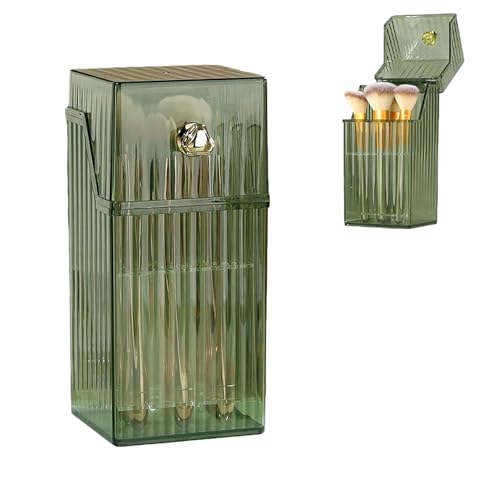 Tresady メイクブラシケース メイクブラシスタンド 化粧ブラシケース メイクブラシ 収納 メイク道具 収納 収納ボックス 自立式 蓋付き 防塵 透明 仕切り 出し入れ簡単 省スペース 9.5*9.5*21cm (透明グリーン)