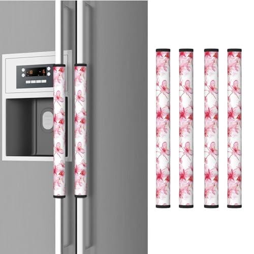 NeuKim 4 PCS Pink Cherry Blossoms Flowers Refrigerator Door Handle Covers Kitchen Appliances Gloves for Microwave Dishwasher Fridge Door Cloth Protector Covers