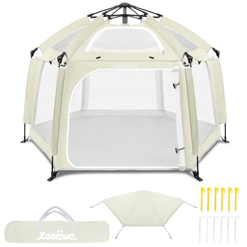 Image of Pop Up Playpen for Baby, Portable Playpen for Babies and Toddlers with Removable Sun-Shades& 2 Side UV Covers, Lightweight Outdoor Baby Play-Pen for Beach Home with Travel Bag, Beige
