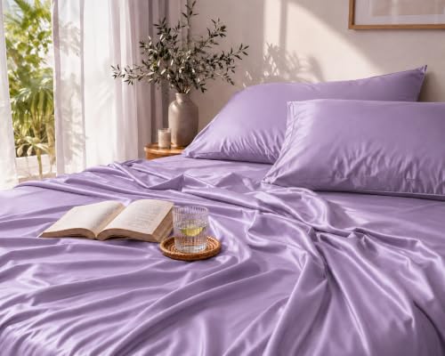 Image of Noare Bamboo Bedsheet Set King Size - Cooling & Breathable Fitted Bedsheet with 2 Pillow Covers for Double Bed | Ultra Soft and Buttery | Lilac