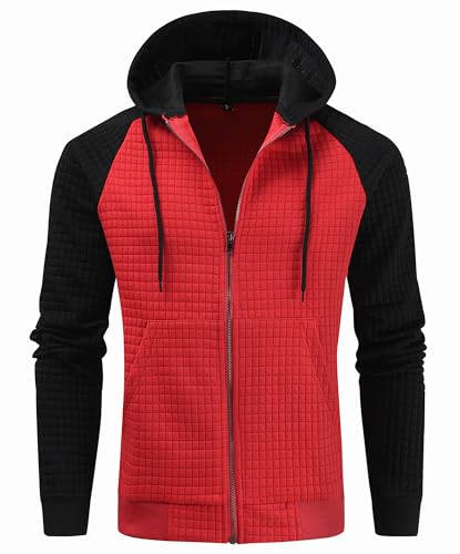 Men's Waffle Hoodie Full Zip Lightweight Jacket Plaid Long Sleeve Hooded Sweatshirt Hoodies with Kangaroo Pocket