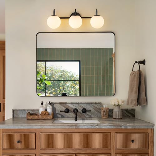 Image of Milk Glass Vanity Light, 22.6 inch Modern Bathroom Light Fixtures Mid-Century Globe Vanity Light 3-Light Glass Wall Sconce Black