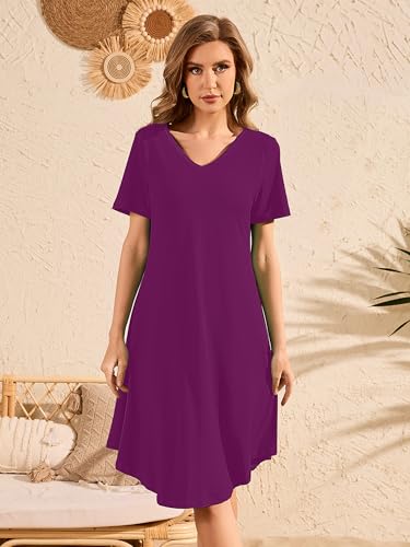 Image of DEARCASE Summer Dresses for Women V-Neck Short Sleeve T Shirt Dress Casual Flowy Swing Beach Vacation Mini Sundress