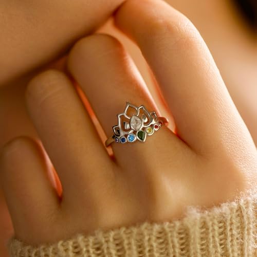 925 Sterling Silver Lotus Flower Rings for Women Promise Ring for Her Self Love Ring Comfort Fit Healing Rainbow CZ Ring Yoga Lover Wedding Band Birthday Christmas Gifts2