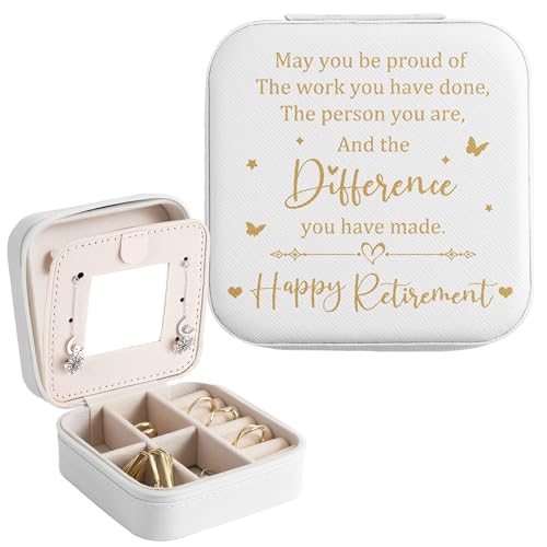 Unibyby Retirement Gifts for Women, Retirement Gifts for Coworker, Happy Retirement Small Travel Jewelry Case for Teacher Nurse, Retired Portable Jewelry Box Organizer with Mirror for Christmas