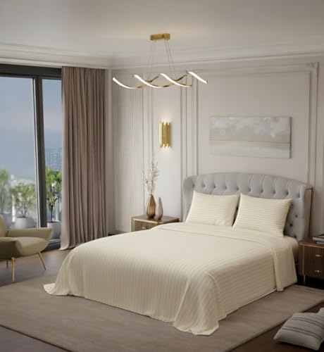 Image of 100% Cotton Premium Queen Size Bedsheet with 2 Pillow Covers | Ultra-Soft, Breathable, Hotel-Quality Fabric | Elegant Collection for Bedroom Decor (Ivory Striped)