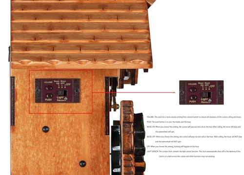 Kintrot Cuckoo Clock for Wall, Handcrafted Wooden Tratditonal Black Forest Chalet Clock with Cute Singing Bird, Rotatable Waterwheel,Squirrel,Deers and 12 Melodies - Image 5