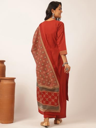 Image of Vbuyz Women Ajrakh With Yoke design Cotton Straight Kurta Set With Dupatta