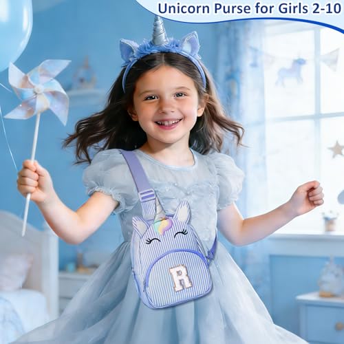 Image of COSHAYSOO Blue Little Girls Purse Unicorn Easter Basket Stuffers 3 4 5 6 7 8 Year Old Girl Birthday Gifts, Kids Crossbody Bag Fanny Pack Spring Break Fashion Cute Essentials Initial Letter R