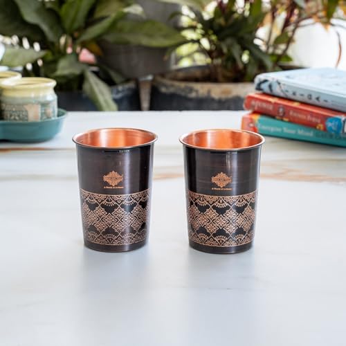 Image of INDIAN ART VILLA Copper Antique Dark Embossed Drinking Glass, Pure Copper Ayurvedic Water Tumbler for Home, Office, Restaurant Use, Traditional Drinkware Gift Item, 275 ML, Set of 2