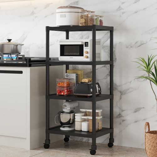 Image of HOME CUBE 4-Tier Storage Shelf with Plastic Shelves with Wheels Kitchen Organizer Rack Microwave Stand Bookshelf Standing Shelf Units Multipurpose Storage Rack for Living Room - 50x35x112 cm
