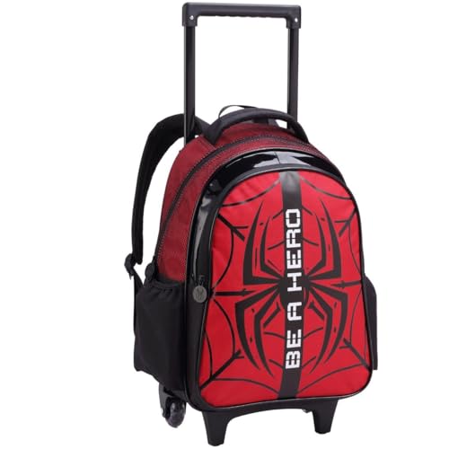 Mochila Escolar com Rodinhas, Compartimento Amplo, Bolsos Laterais, Alças Acolchoadas, Estampa Personagem Herói P/Meninos (Mochila de Rodas Aranha)