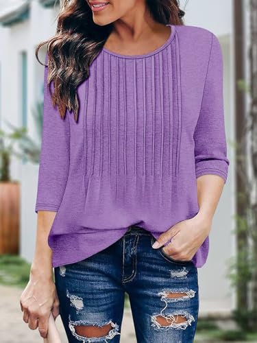 KISSMODA Tunic Tops for Women Loose Fit Dressy Round Neck Pleated 3/4 Length Sleeve Spring Tops