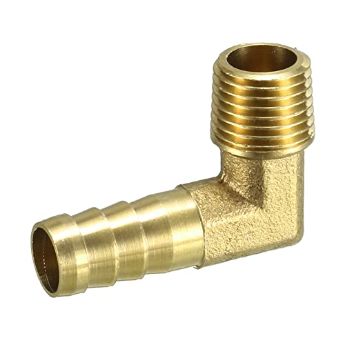 QUARKZMAN 10mm Púas x 1/4 PT Macho Rosca 90 Grados Latón Espiga Manguera Montaje x 1uds Codo Conector Acoplador para Manguera Conexión, Conector de Lengüeta de Latón [Tono Oro]