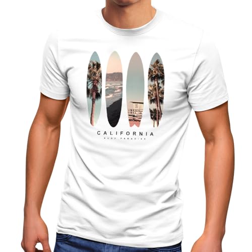 Neverless® Herren T-Shirt California Surf Paradise Surfboards Grafik Foto Print Kalifornien USA Amerika Sommer Fashion Streetstyle Weiss L