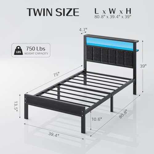 Image of OLEVS Twin Bed Frame with LED Lights & USB Outlets, Platform Twin Bed with Storage Headboard, No Box Spring Needed, Easy Assembly