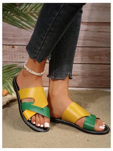 Image of Verdusa Women's Color Block Flat Leather Sandals Open Toe Vacation Slip on Slides