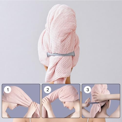 LLTLGF 2 Stück Groß Mikrofaser Handtuch Haare Lang, 103 x 60 cm Premium Haarturban mit Elastischem Band/Schnell Trocknend Super Saugfähig，Haartrockentuch im Waffeldesign,für Lange Haare(Grau & Rosa)