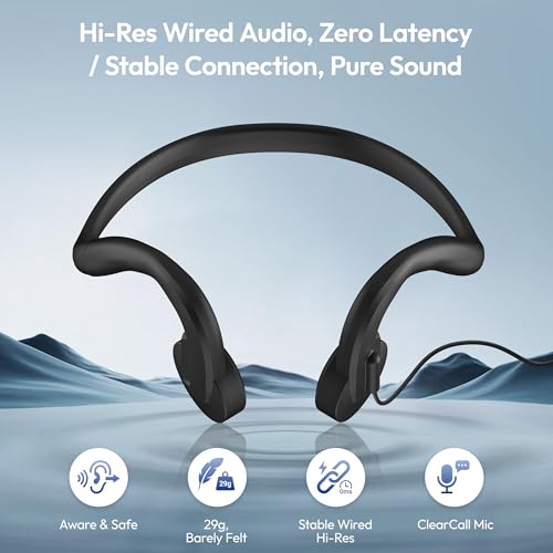Image of E&P Wired Bone Conduction Headphones with Microphone | 3.5mm AUX Wired, Open-Ear Earbuds, 7ft Extension Cable, Hands Free, Volume Control, Sweatproof