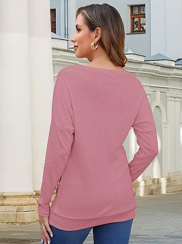 MOLERANI Womens Long Sleeve Tunic Tops Fall Winter Casual Shirts with Leggings - Cozy Button Down Crewneck Top for Home,Pink,L