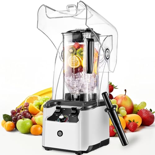 Image of Commercial Blender for Smoothies With Quiet Shield, 2.5HP Motor, Stainless Steel Blade, 80oz Pitcher for Shakes, Smoothies, Ice Crushing, Frozen Drinks, 15 Speeds, Self-Cleaning, White
