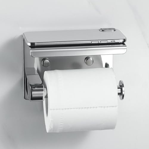 STQDEU Toilettenpapierhalter Ohne Bohren，Klopapierhalter Mit Ablage，Freistehender Toilettenpapierhalter ，WC Papierhalterung Für Handy Und Kleinteile， Papierhalter Aus Edelstahl with Adhesive Hooks