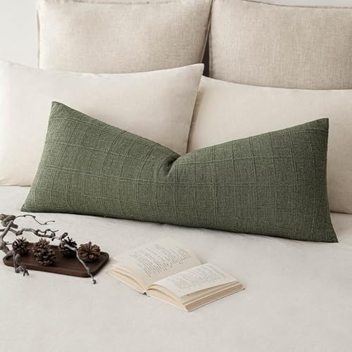 Image of Foindtower Set of 1 Decorative Linen Check Throw Pillow Cover Neutral Long Body Lumbar Cushion Cover Farmhouse Vintage Boho Home Decor for Sofa Chair Couch Bedroom Living Room,14x36 Inch,Olive Green