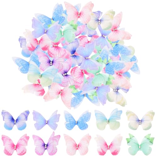 TRKETK 100 mariposas de tela coloridas para manualidades, apliques de mariposa 3D, accesorios de decoración de pared, 2 capas, mini apliques de mariposa para manualidades, joyas, álbumes de recortes