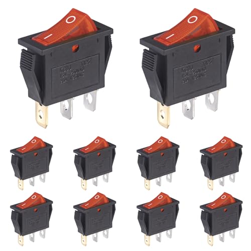 VEXUNGA 10pcs Lighted KCD3 Rocker Switch On Off 3 Pin 2 Position Red Light Boat Rocker Switches 20A 15A 125V 250V AC SPST Square llluminated Power Switch