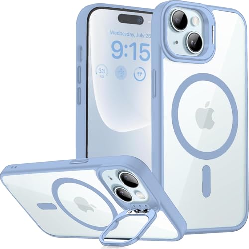 Image of VONZEE Clear Camera Kickstand Case for iPhone 15 Plus, Built-in Adjustable Camera Stand, Clear Magnetic Mag-Safe Shockproof Classic Series Phone Cover (Official Blue)