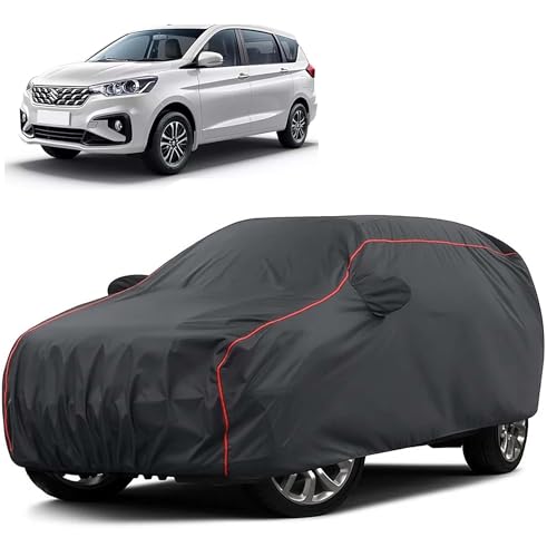 Image of Sulfar 100% Water Resistant Car Body Cover Compatible with Mirror for Maruti Suzuki Ertiga (Triple Stitched, Full Bottom Elastic, Dark Grey Taffeta with Red Piping)
