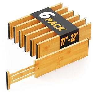 SpaceAid Bamboo Dresser Drawer Dividers 6 Pack, 4.65“ High Adjustable 17“-22” Drawer Organizers, Expandable Organization for Clothing, Clothes, Dressers, Natural