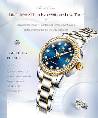 Image of OLEVS Womens Diamond Watches Automatic Mechanical Gold Luxury Dress Ladies Self Winding Original Stainless Steel Wrist Watch