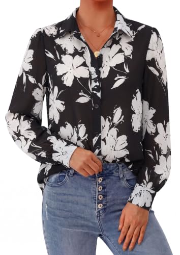 PRETTYGARDEN Women's Floral Blouses Dressy Casual V Neck Button Down Shirts Lantern Long Sleeve Boho Chiffon Fall Tops 2026 (Black White Flower, XL)