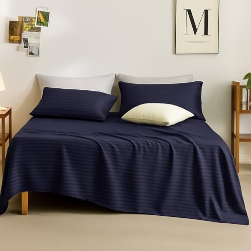 Image of Sofrito Bed Sheet Glace Cotton Striped - 300 TC - Super King (108 inchx108 inch) - with 2 Pillow Cover | Ideal for Hospitals, Clinics, Hostels, PGs, Hotels & Guest Houses | Navy Blue