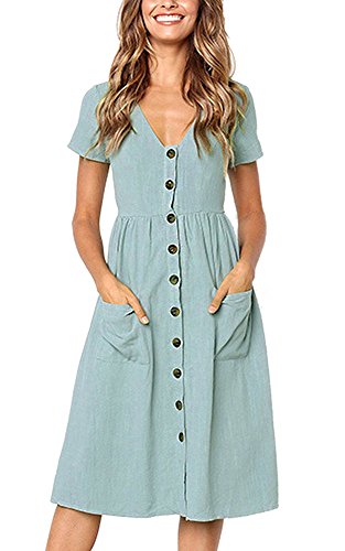 Damen Kleid Sommer Kurzarm V-Ausschnitt Tasten Dekoration Midi Kleider Elegant A-Linie Freizeitkleider mit Taschen Size M = EU 36-38