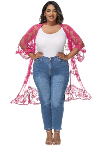 Image of Anna-Kaci Women's Plus Size Lace Cardigan Embroidered Long Kimono Dusters with Half Sleeves
