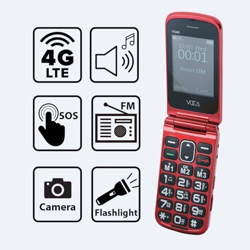 Téléphone à rabat VOCA V340 rouge 4G débloqué avec dock de charge pour senior