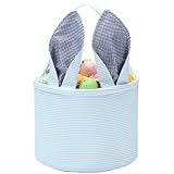 Easter Basket Seersucker Egg Hunt Bunny Baskets for Kids with Cute Rabbit Ears Stripe Storage Gifts Candies Personalized Easter Party Gifts…