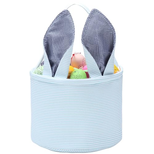 Easter Basket Seersucker Egg Hunt Bunny Baskets for Kids with Cute Rabbit Ears Stripe Storage Gifts...
