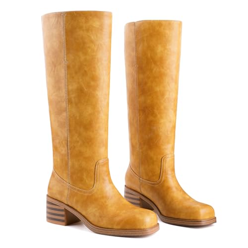 Banana Knee High Boots for Women Square Toe Chunky Block Heel Riding Boots Comfortable Low Heel Casual Wide Calf Tall Campus Boots