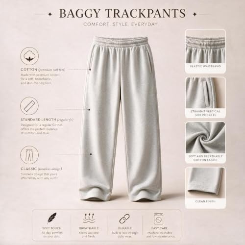 Image of MARK LOUIIS Men's Baggy Trackpants | Regular Fit Cotton Sweatpants with Drawstring Waist & Side Zipper Pockets | Oversized Casual Track Pants for Gym