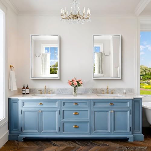 Image of Bathroom Mirror, 24 x 36 inch Brushed Silver Rectangle Mirror, 0.6 inch Thickened Deep Metal Frame Rectangular Vanity Mirror, Wall Mounted Mirror for Bedroom Living Room, Horizontal or Vertical