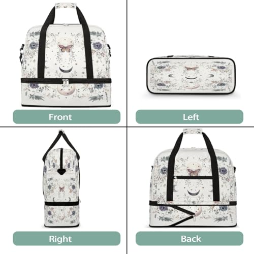 Foldable Carry On Bag for Travel, Expandable Duffle Bag with Shoe Compartment, Butterfly Moon Wildflower Lightweight Sports Gym Tote with Trolley Sleeve3