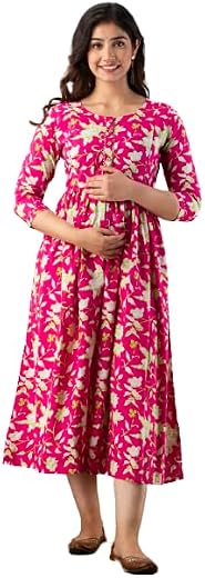 Nevisha Style Women's Cotton Lehariya Printed Anarkali Maternity Feeding Kurti with Zipper Maternity Gown for Women