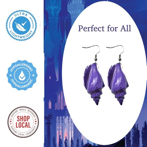 Purple Drop and Dangle Seashell Earrings for Women, Villain Costumes, Sea Witch Costumes and More. Purple Shell Ear Accessories for Halloween, Ursala Cosplay and More.3