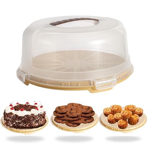 Buzztrove Cake Carrier with Beige Base | Cake Carrier with Handle, 30cm Semi Transparent Dome & 4 x Secure Locking Lid, Premium Cake Storage Container for Cakes, Pies & Pastries (Beige)