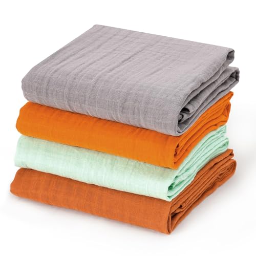 Image of david's kids 4 Pack Baby Muslin Swaddle Blankets 47" x 47", 100% Cotton Swaddling Blankets Wrap for Boys Girls, Ultra Soft Breathable Receiving Blanket, New Born Essentials, Grey&Brown&Ginger&Green